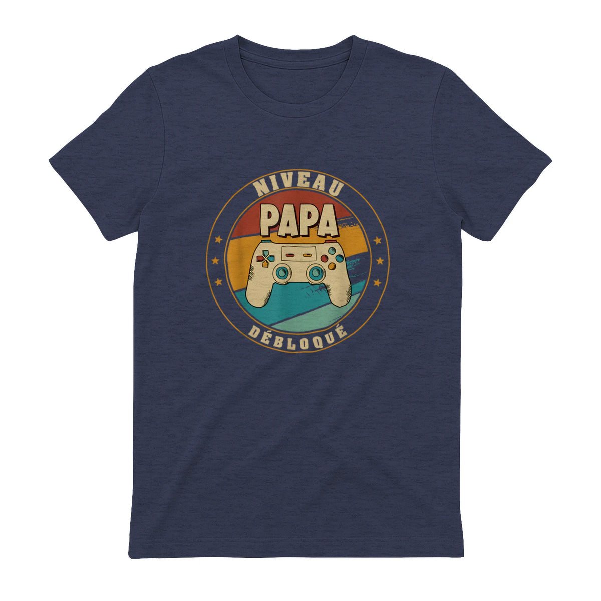 Nouveau Papa Parents Humour Gamer Nouvelle Naissance Annonce T-Shirt in Heather Navy - back view