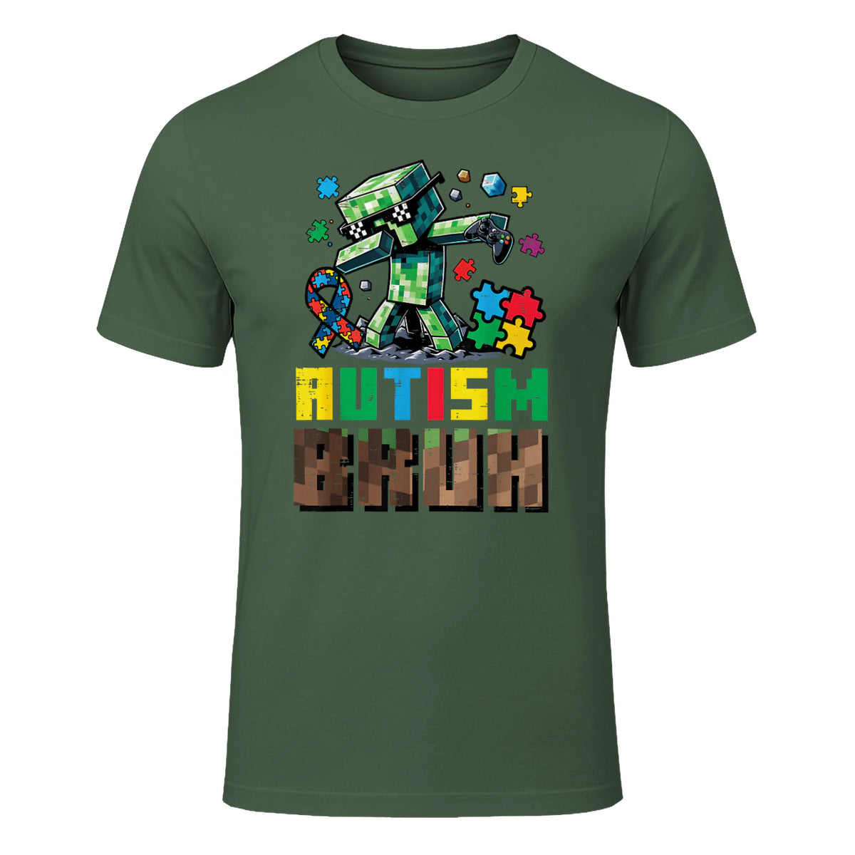 Autism Bruh Dab ASD Awareness Gamer Boys Kids Youth in Military Green - front view