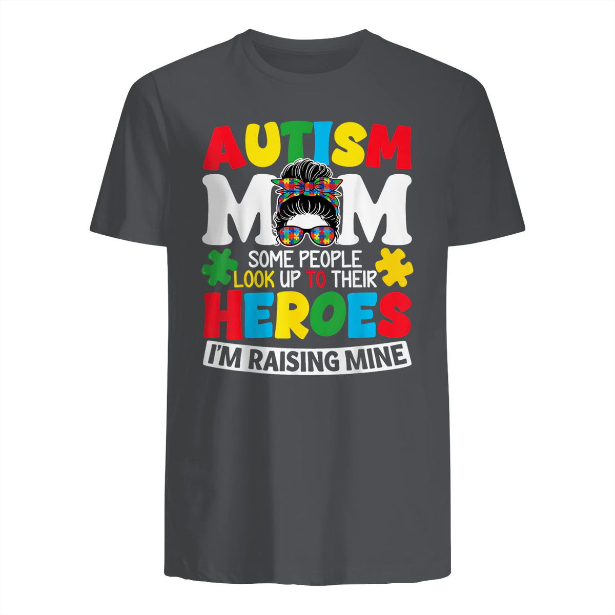 Autism Mom Raising Hero Messy Bun Autism Awareness in Charcoal - back view