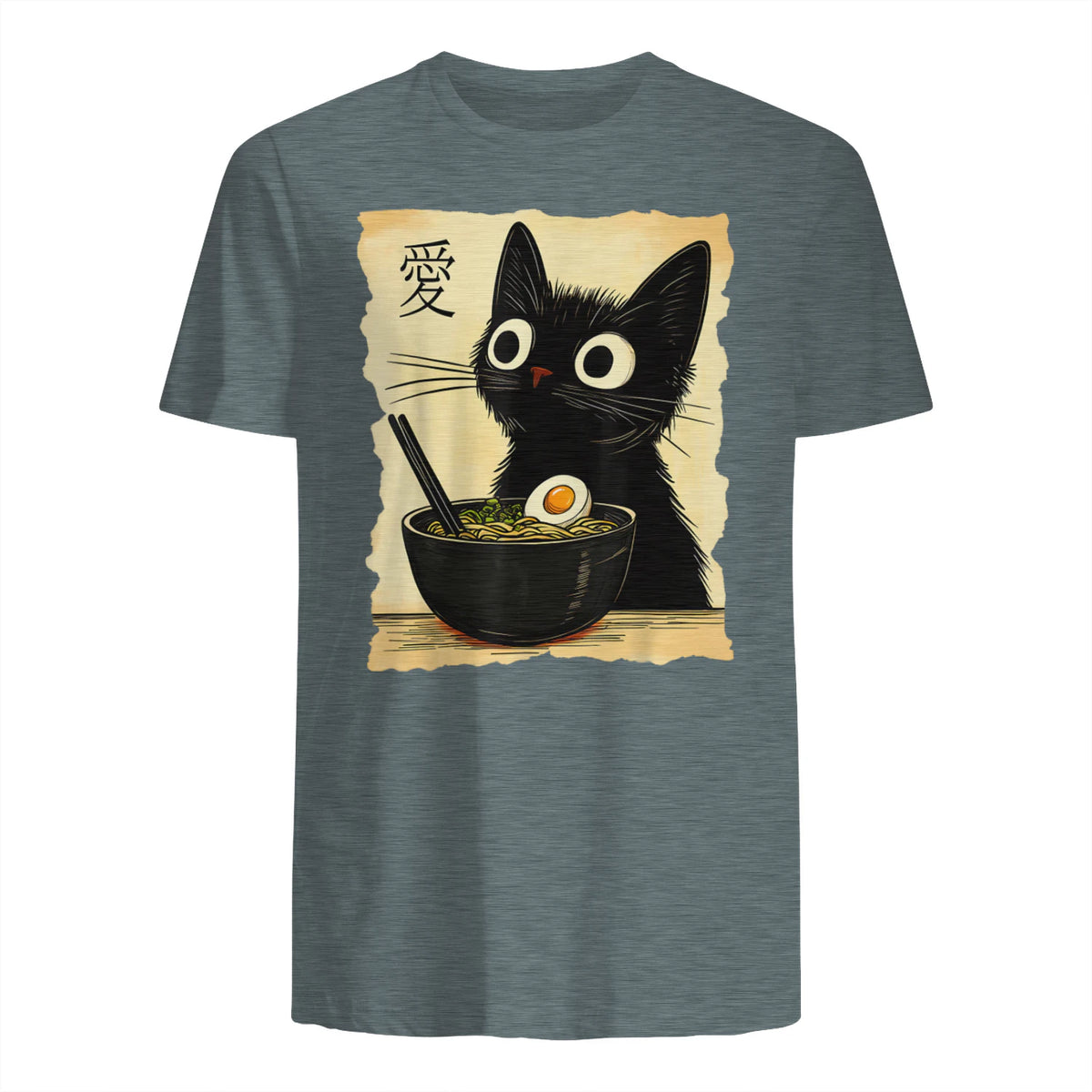 Funny Cat Ramen Graphic Tee Japanese Kawaii Anime Cat T-Shirt in Dark Heather - back view