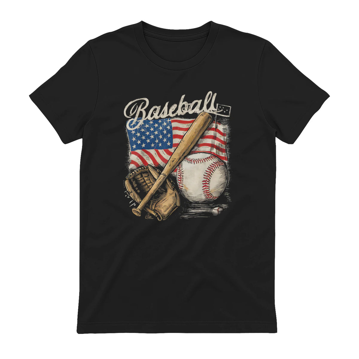American Flag Baseball Player Bat Fan Catcher Pitcher USA T-Shirt in Black - back view