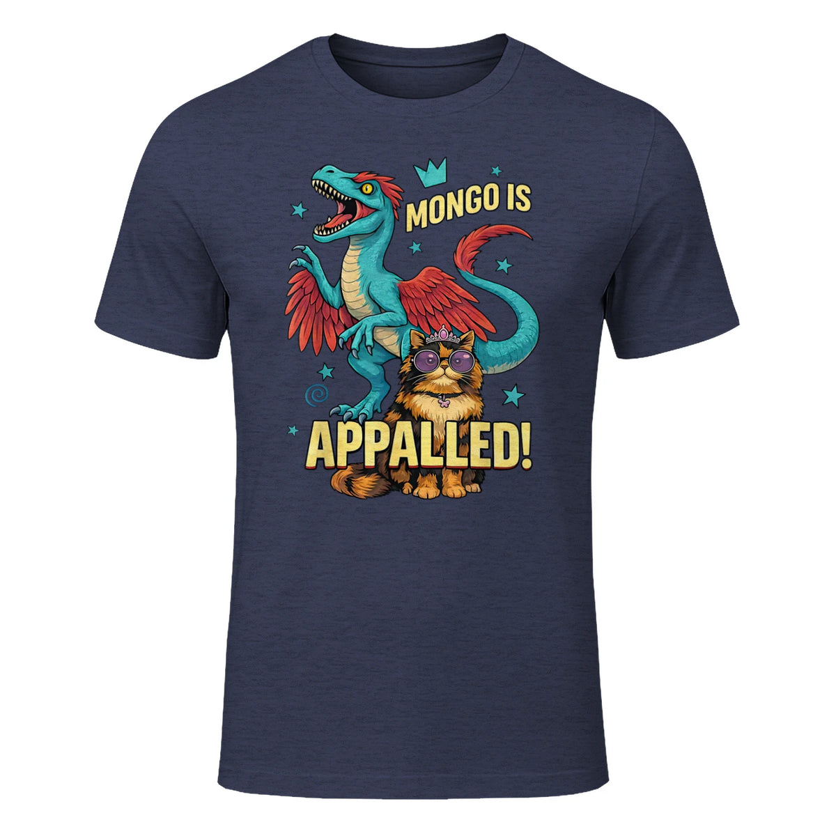 Retro Mongo is Appalled Princess Cat Riding Dinosaur Womens T-Shirt in Heather Navy - front view