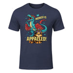 Retro Mongo is Appalled Princess Cat Riding Dinosaur Womens T-Shirt in Heather Navy - front view