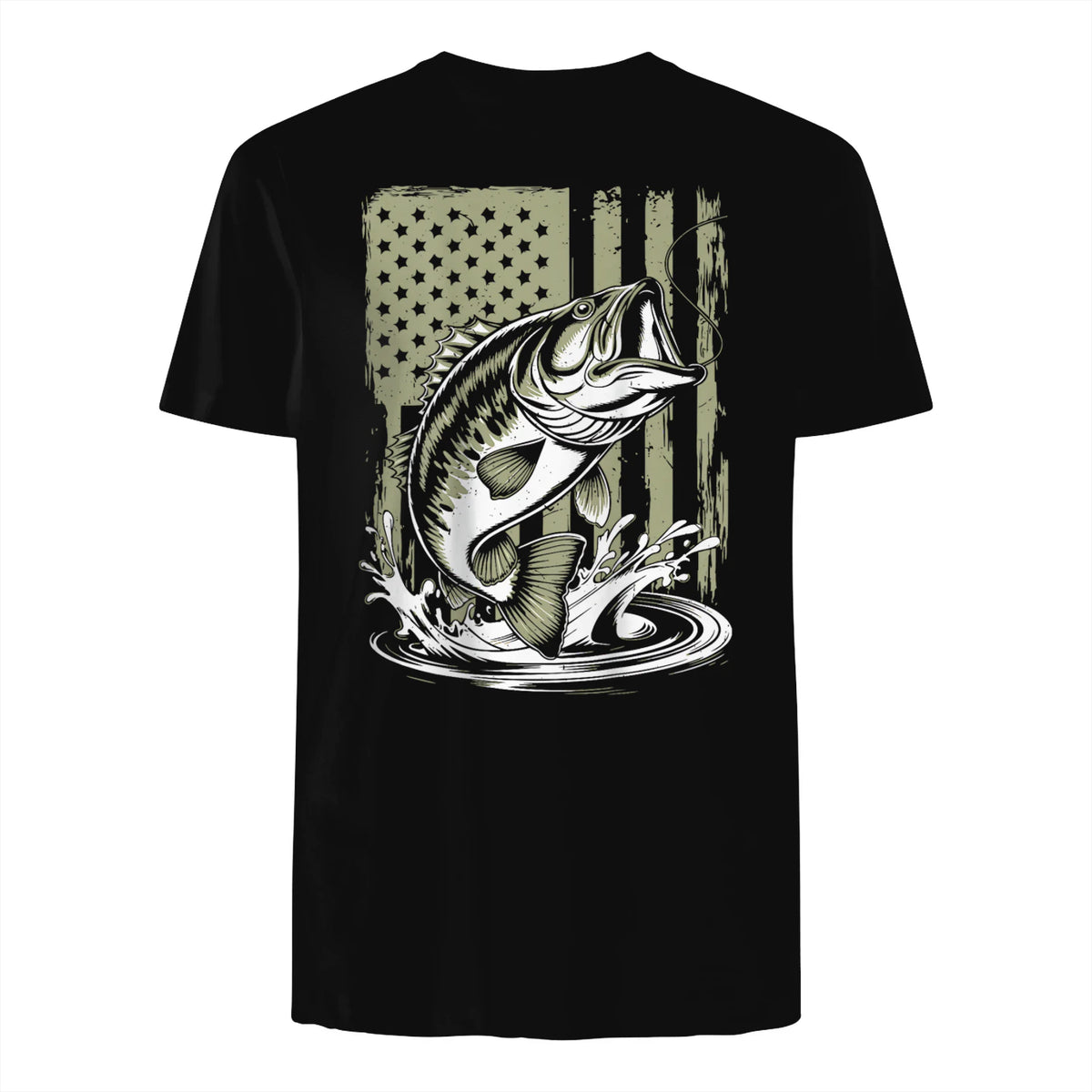Fishing Camo Bass Fish American Flag Men's Fisherman Gift T-Shirt in Black - back view