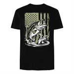Fishing Camo Bass Fish American Flag Men's Fisherman Gift T-Shirt in Black - back view