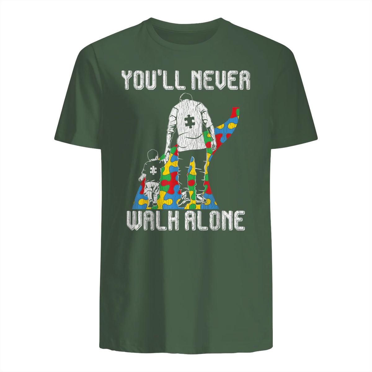 Vintage Father Son Family Autistic Kids Autism Awareness Dad in Military Green - back view