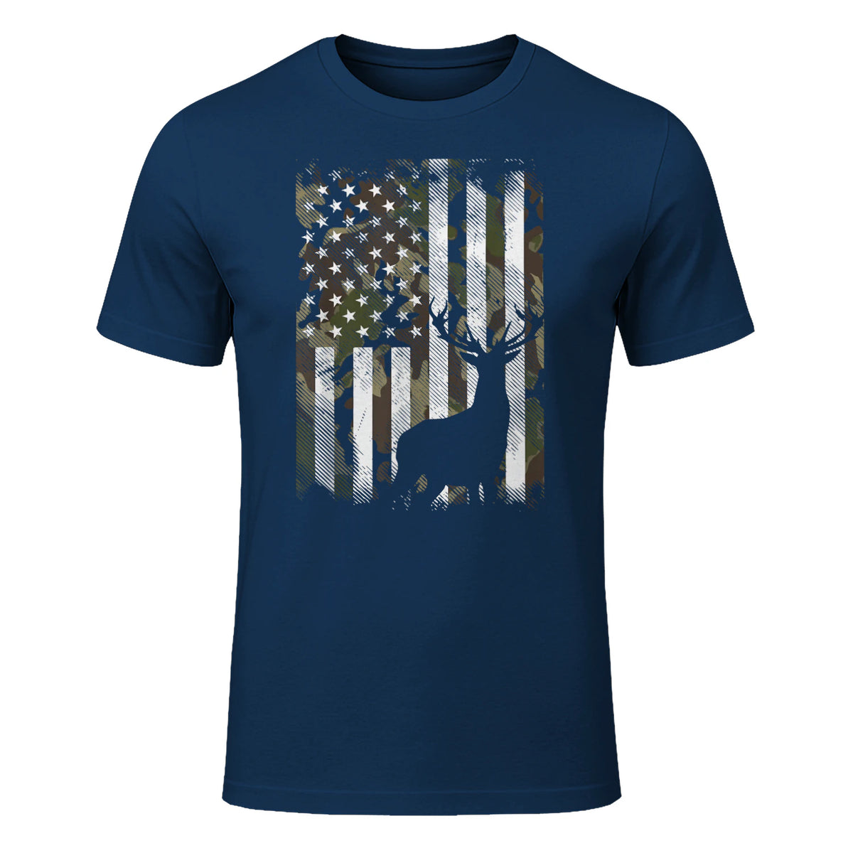 Camo US Flag Deer Elk Buck Camoflage Hunting Hunter Dad Gift Short Sleeve in Navy - front view