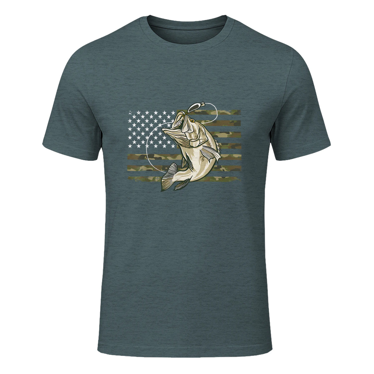 Fishing Camouflage US American Flag Bass Fish Fisherman Camo T-Shirt in Dark Heather - front view