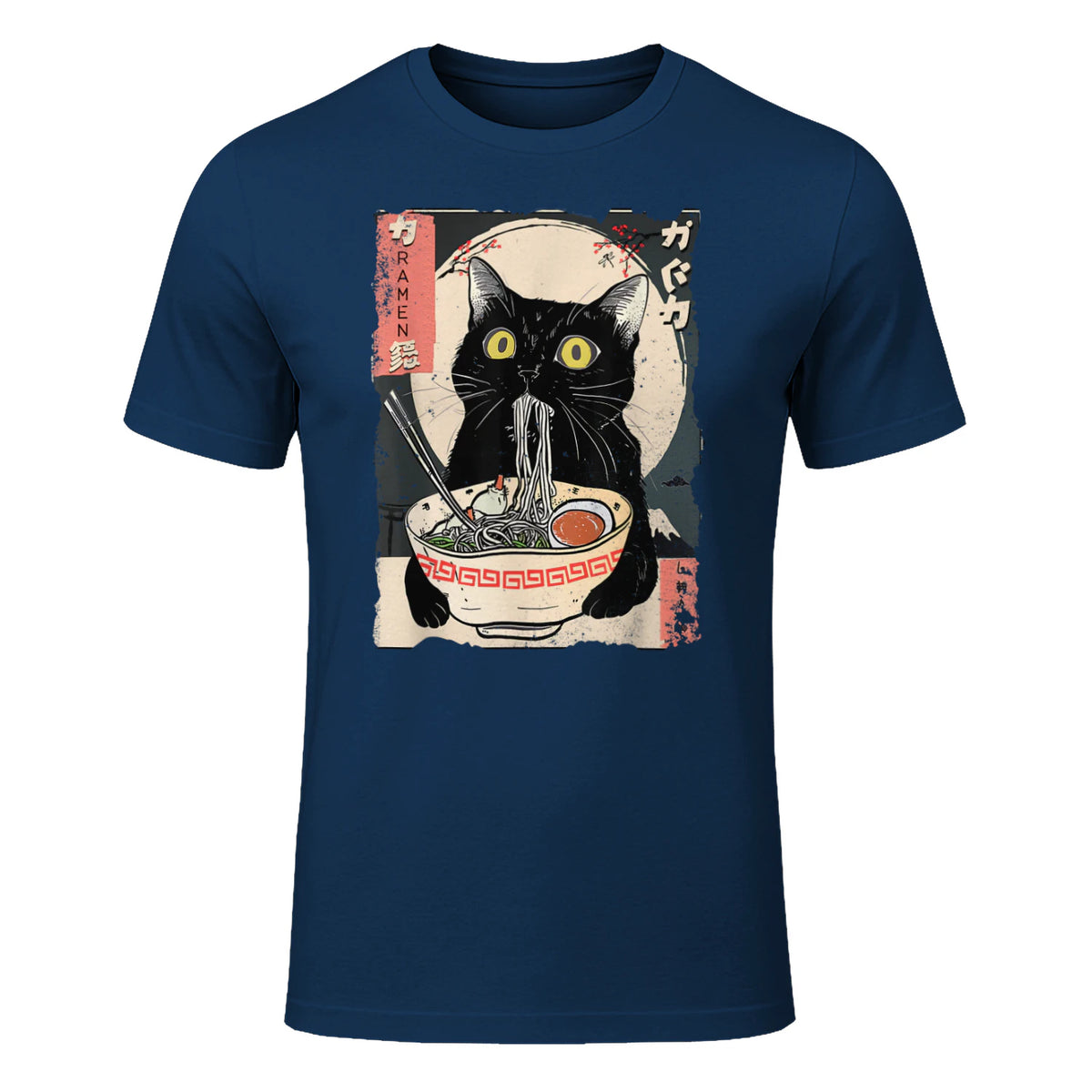 Kawaii Cat Eating Ramen Noodles Funny Anime Gift Girls Teens T-Shirt in Navy - front view