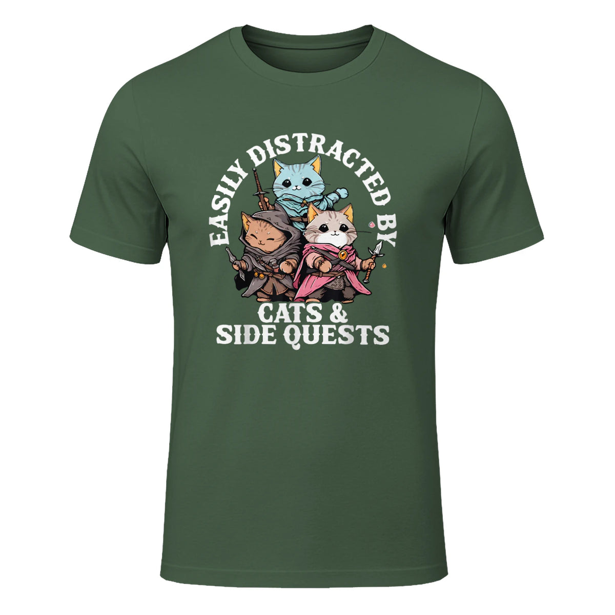 Cats Side Quest Funny Tabletop T-Shirt in Military Green - front view