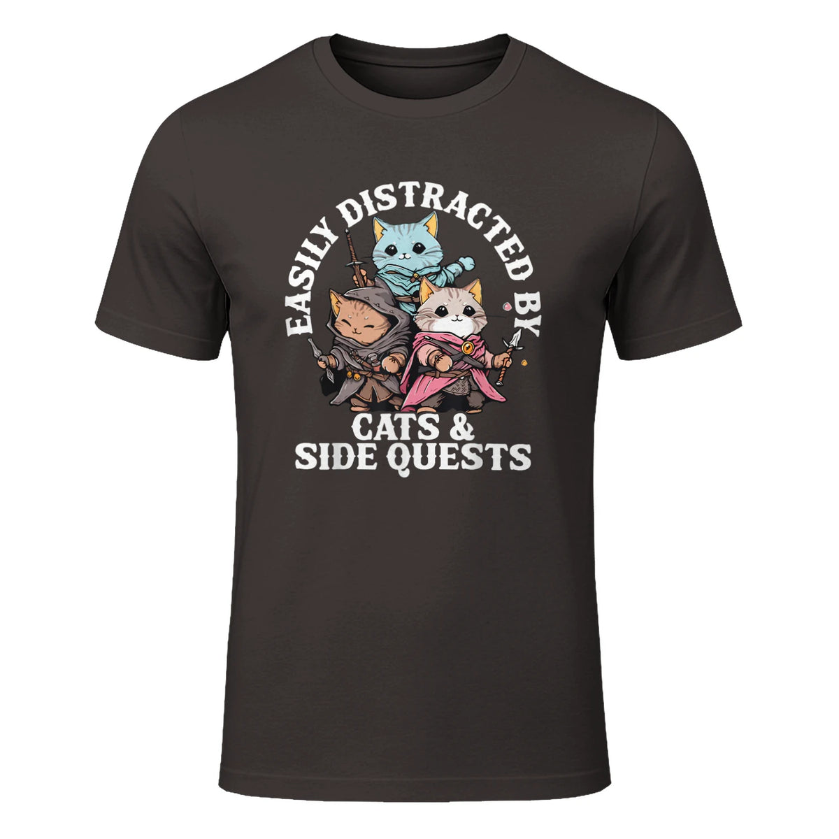 Cats Side Quest Funny Tabletop T-Shirt in Dark Chocolate - front view