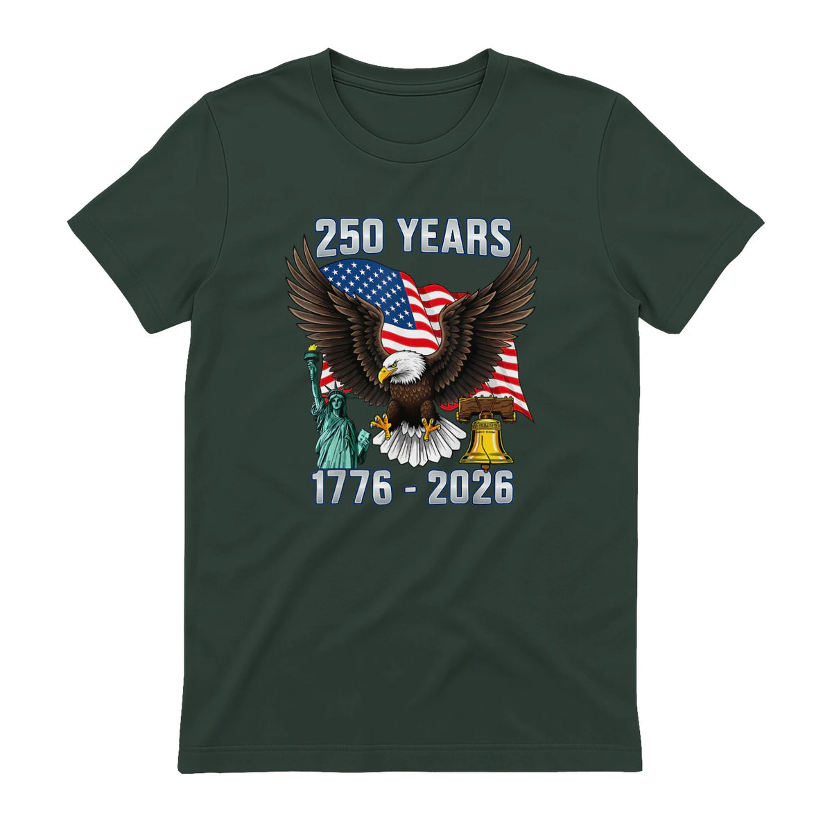 American Flag Fourth of July Anniversary T-Shirt in Forest Green - back view