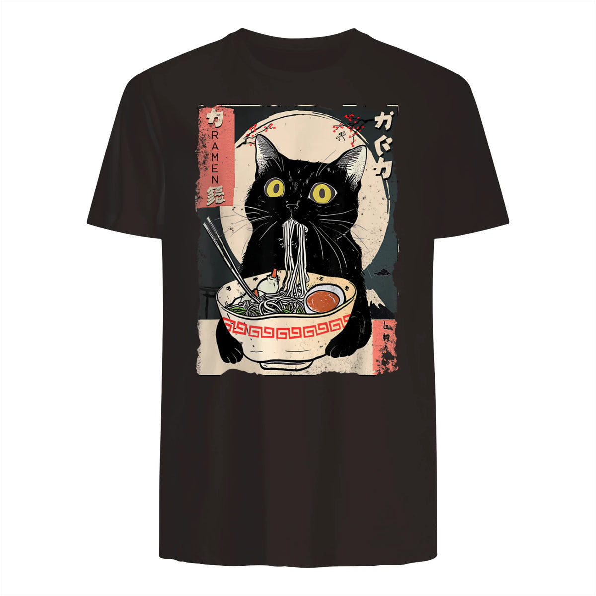 Kawaii Cat Eating Ramen Noodles Funny Anime Gift Girls Teens T-Shirt in Dark Chocolate - back view
