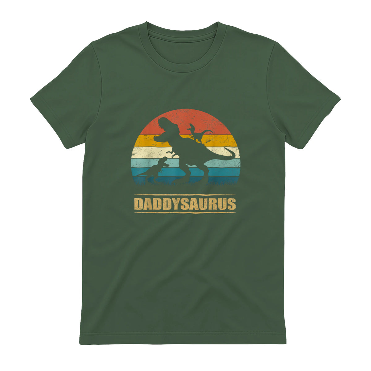 Daddy Dinosaur Daddysaurus Two Kids Funny Father's Day T-Shirt in Military Green - back view