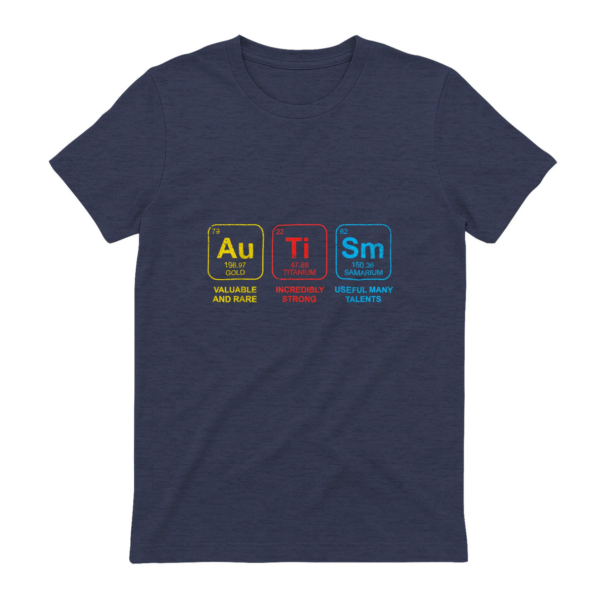 Autism Awareness Periodic Table ASD T-Shirt in Heather Navy - back view