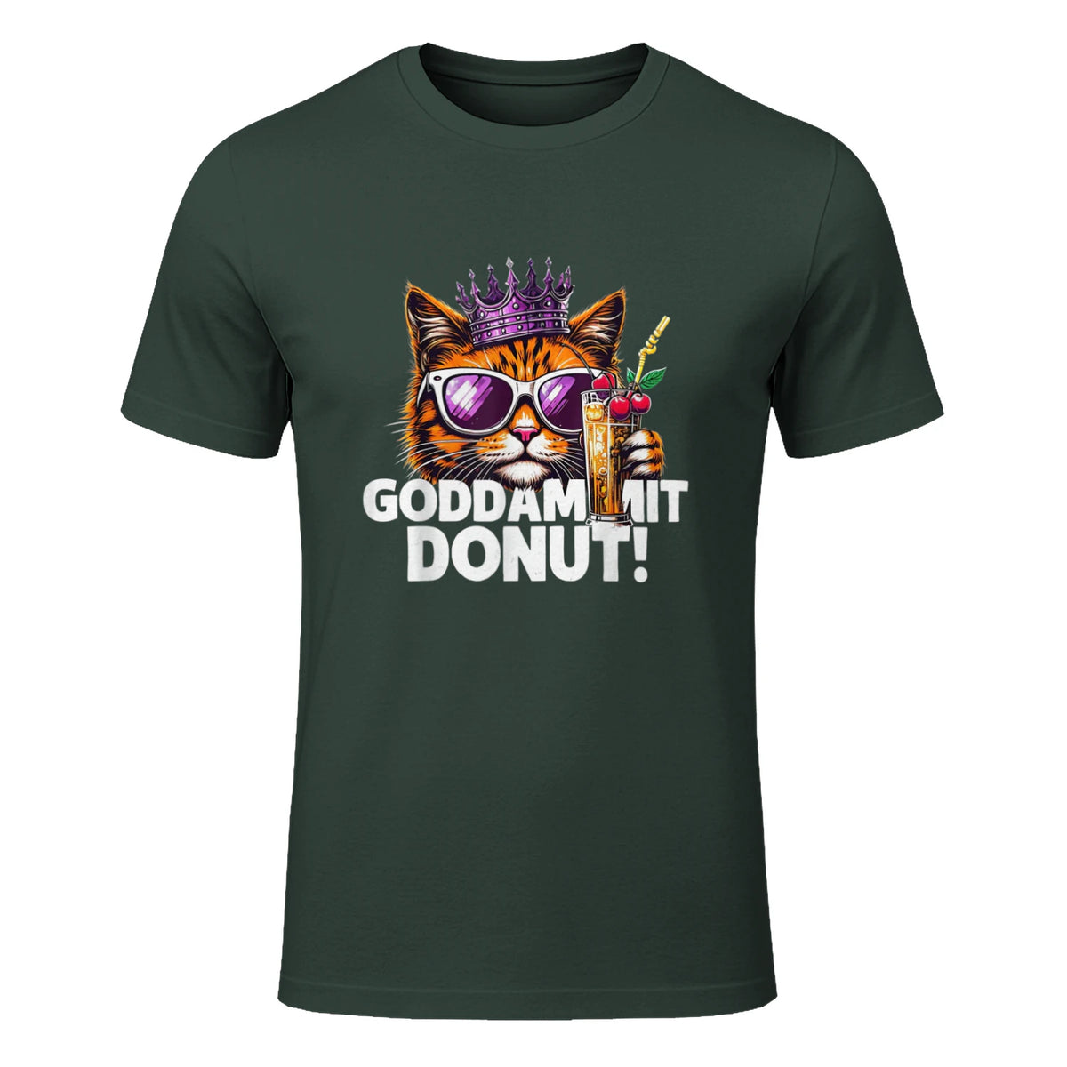 Donut Princess Cat Meme Tee – Kawaii Funny Cartoon Style T-Shirt in Forest Green - front view