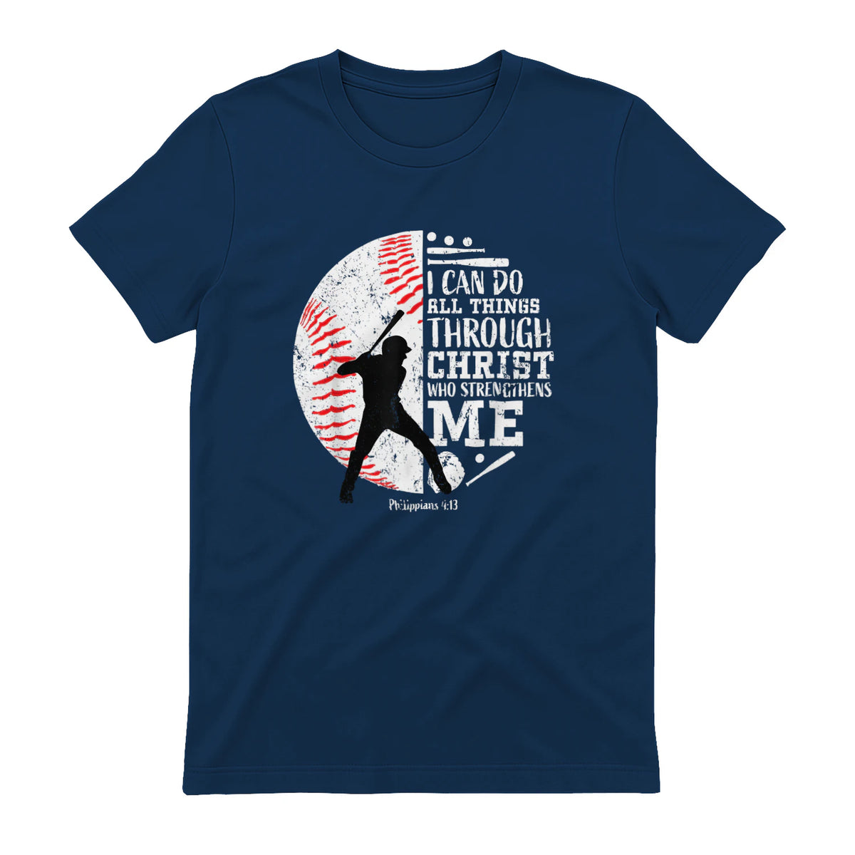 Philippians Four Thirteen Baseball Player Graphic with Bible Verse T-Shirt in Navy - back view