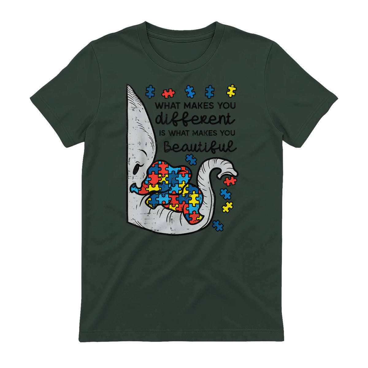 What Makes You Different Autism Awareness T-Shirt in Forest Green - back view