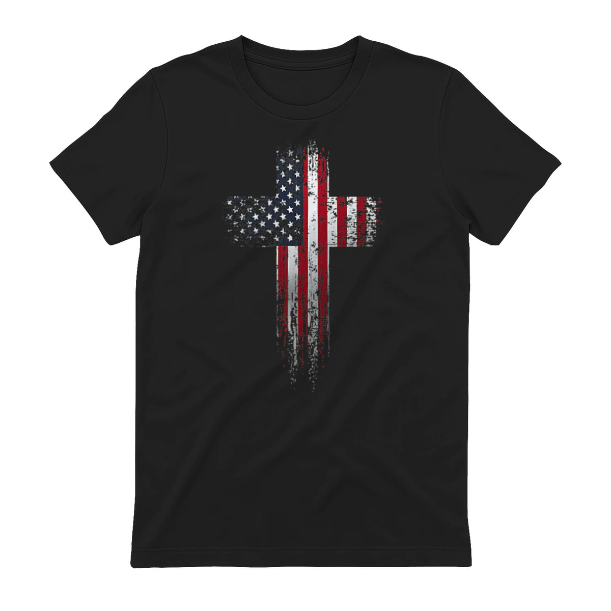 American USA Flag Christian Cross T-Shirt in Black - back view