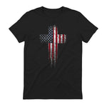 American USA Flag Christian Cross T-Shirt in Black - back view