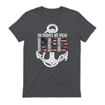 On Fridays We Wear Red Remember Everyone Deployed Navy T-Shirt in Charcoal - back view