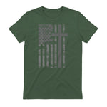 (Art) American Flag Christian Faith Cross Patriotic T-Shirt in Military Green - back view