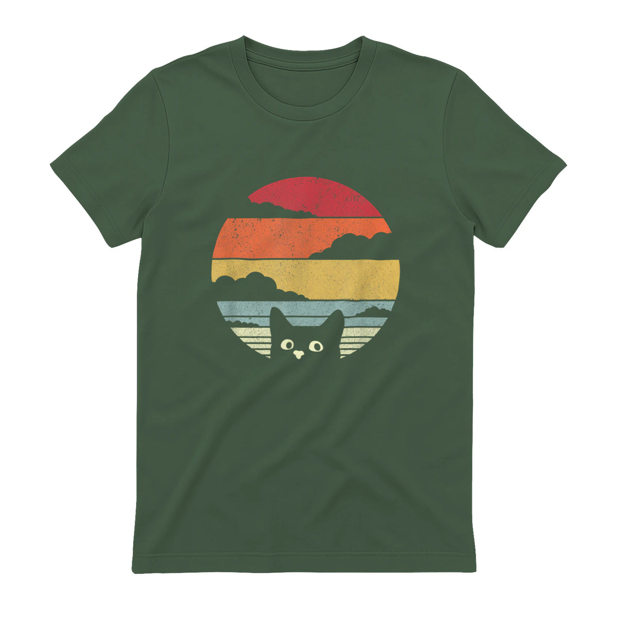 Pack A Punch Women's Retro Cat Graphic T-Shirt - Black, Short Sleev in Military Green - back view