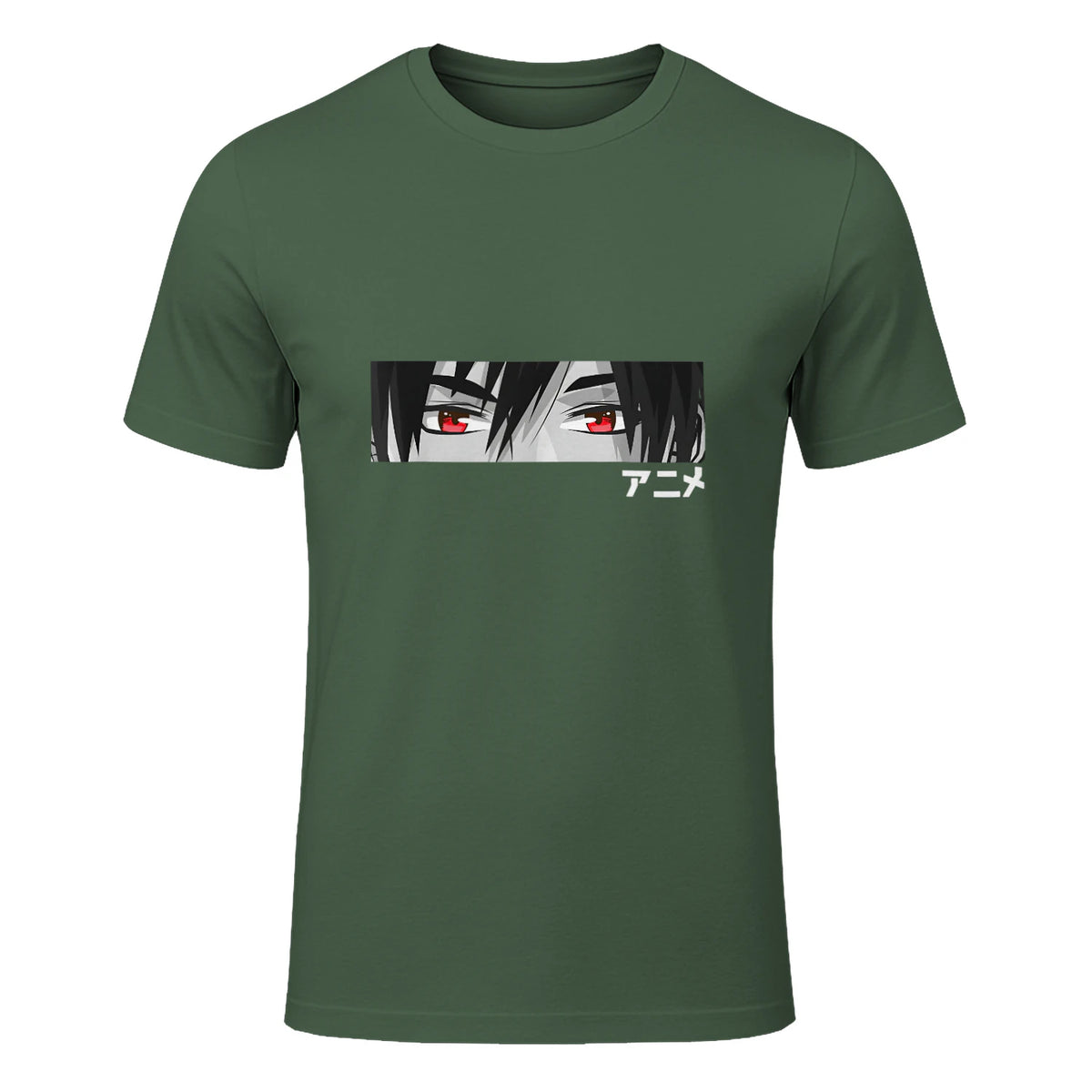 Anime in Japanese Characters Kawaii Eyes Face Short Sleeve in Military Green - front view