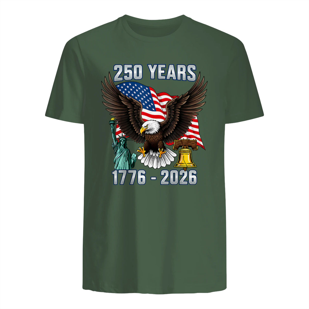 American Flag Fourth of July Anniversary T-Shirt in Military Green - back view