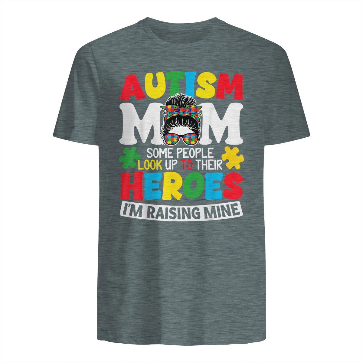 Autism Mom Raising Hero Messy Bun Autism Awareness in Dark Heather - back view