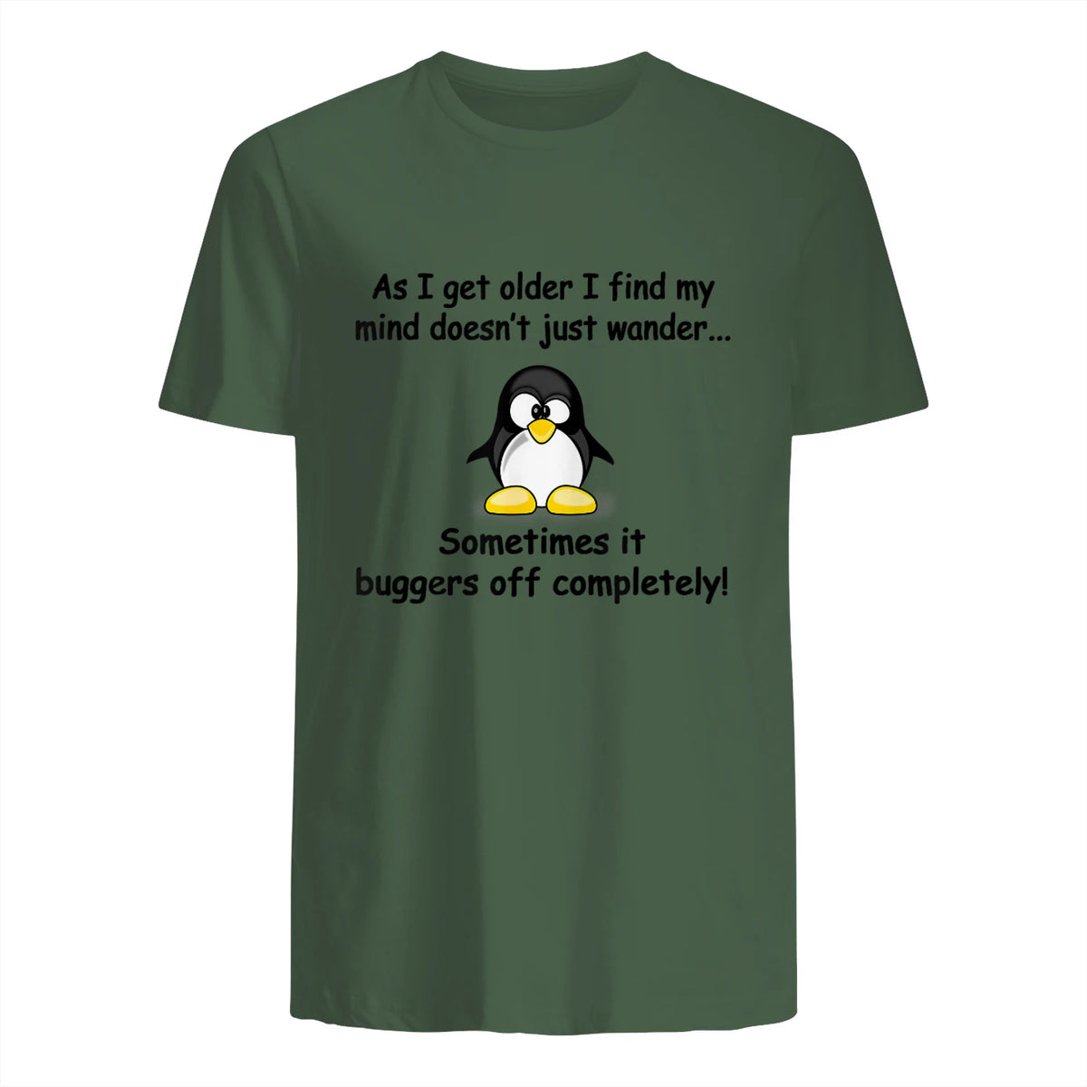 Funny silly penguin t-shirt mens ladies retirement gift in Military Green - back view