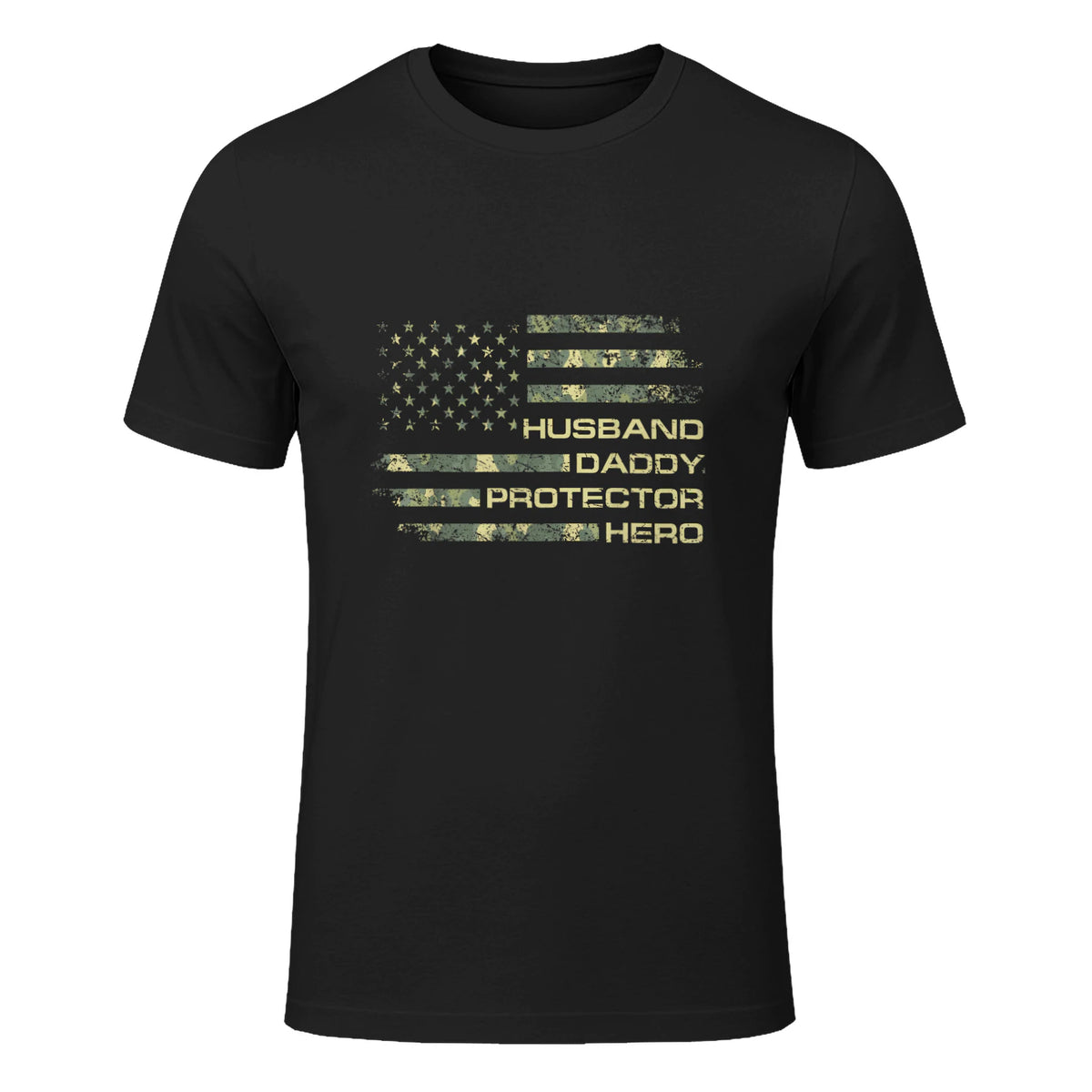 Husband Daddy Protector Hero Fathers Day Camo American Flag in Black - front view