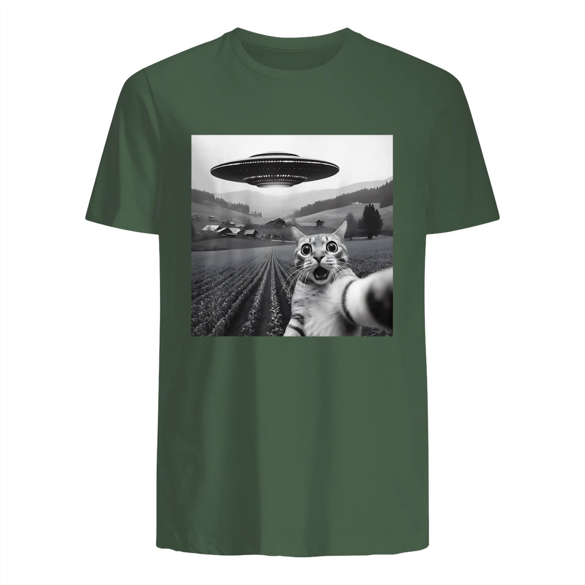 Cat Selfie With Alien UFO Funny Cat Gifts For Men Women Kid T-Shirt in Military Green - back view