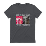 Born to Dilly Dally Forced to Lock in Cat Meme T-Shirt in Charcoal - back view