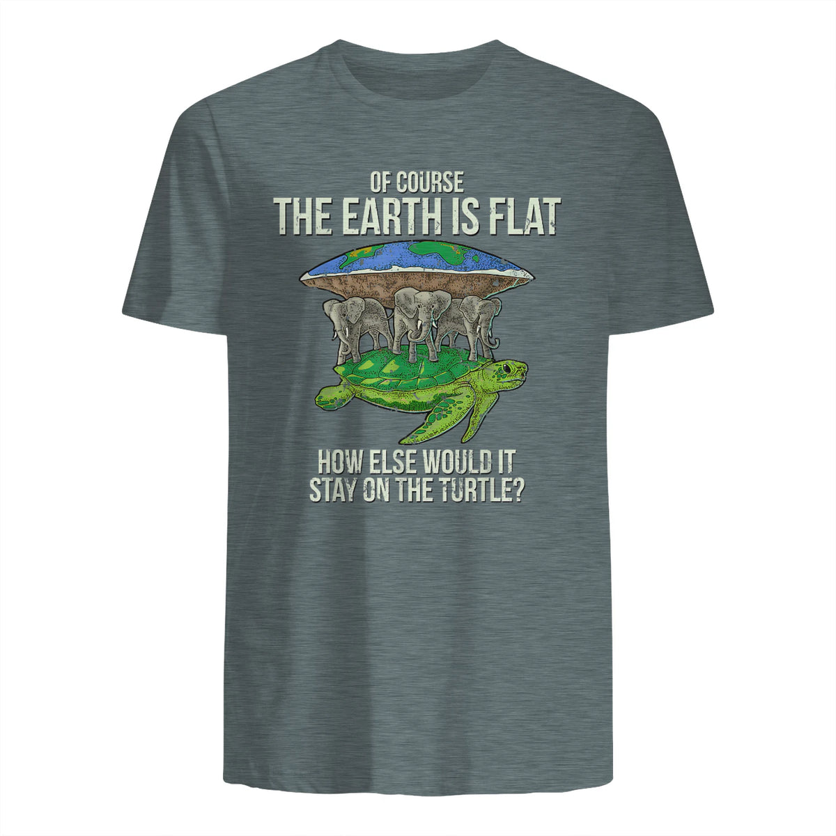 Flat Earth Society T Shirt Turtle Elephants Men Women Gift in Dark Heather - back view
