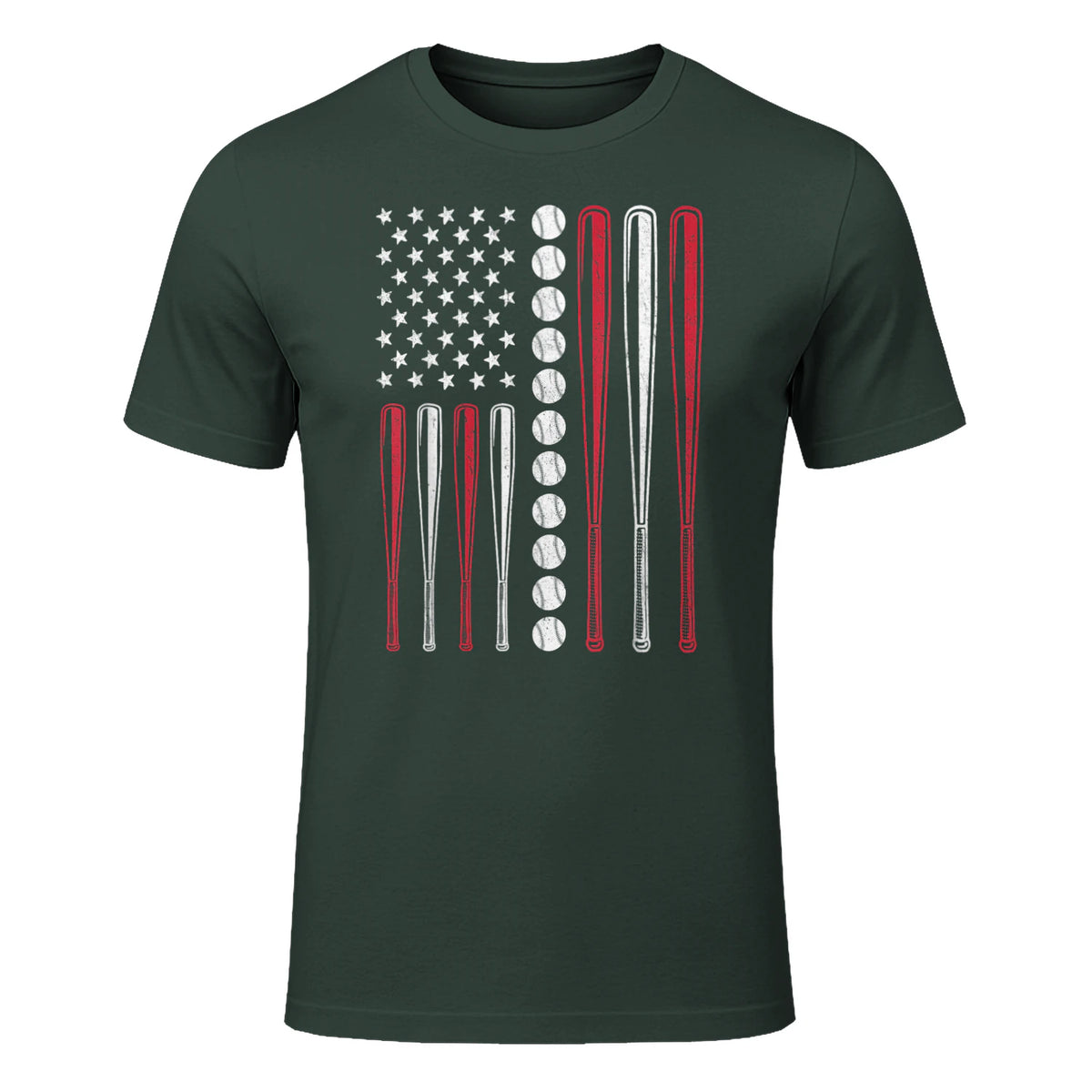 Patriotic Baseball Fourth of July USA Flag T-Shirt in Forest Green - front view