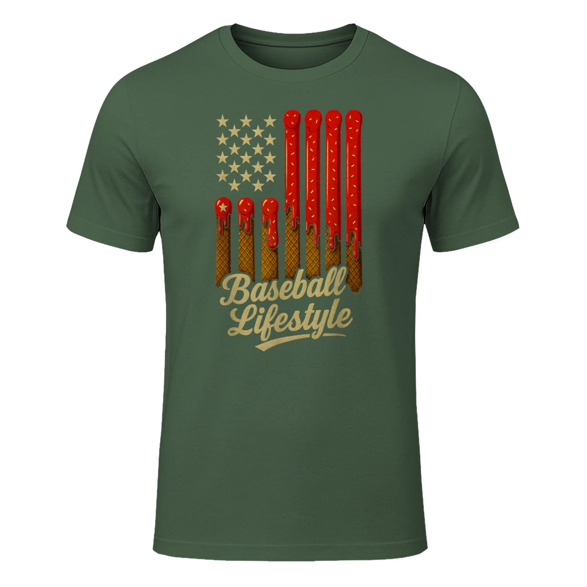 Baseball Lifestyle Apparel Youth Baseball Drip Ice Cream T-Shirt in Military Green - front view