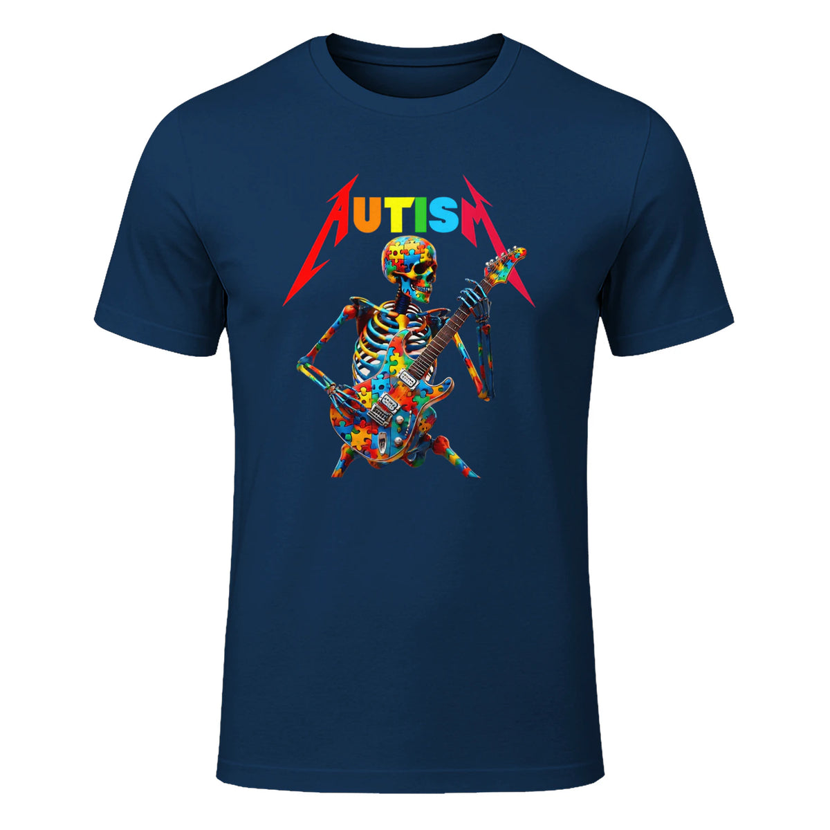 Autism Skeleton Guitar Player Rock Music Autism Awareness in Navy - front view