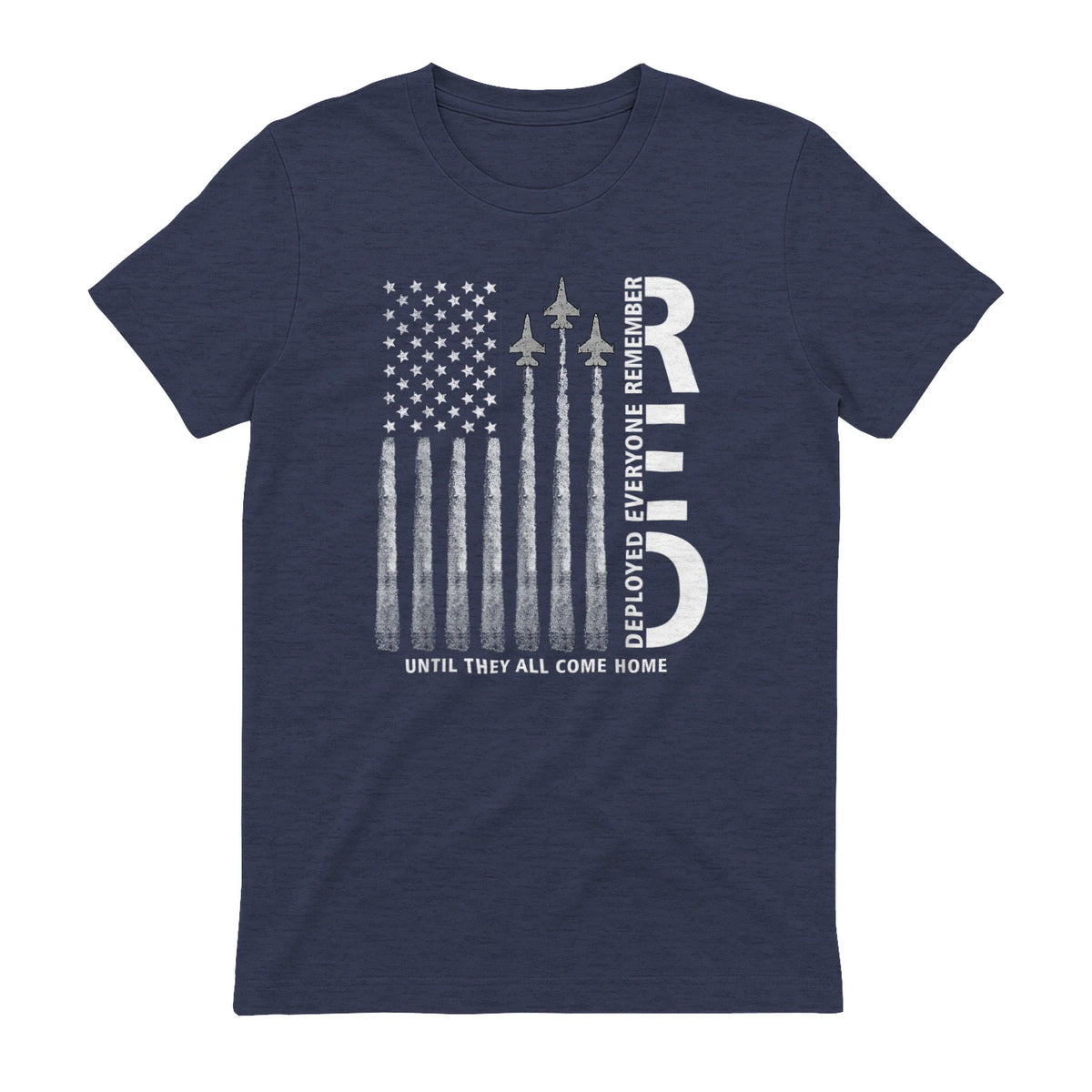 Remember Everyone Deployed RED Friday Military American Flag T-Shirt in Heather Navy - back view