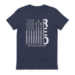 Remember Everyone Deployed RED Friday Military American Flag T-Shirt in Heather Navy - back view