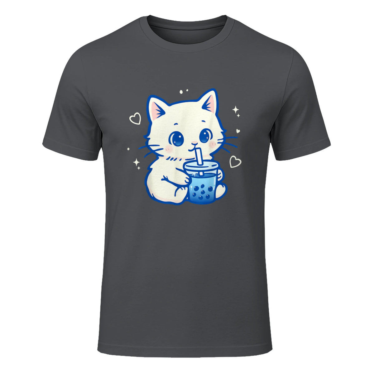 Kawaii Cat Boba Japanese Cute Aesthetic Anime Girls Teens T-Shirt in Charcoal - front view