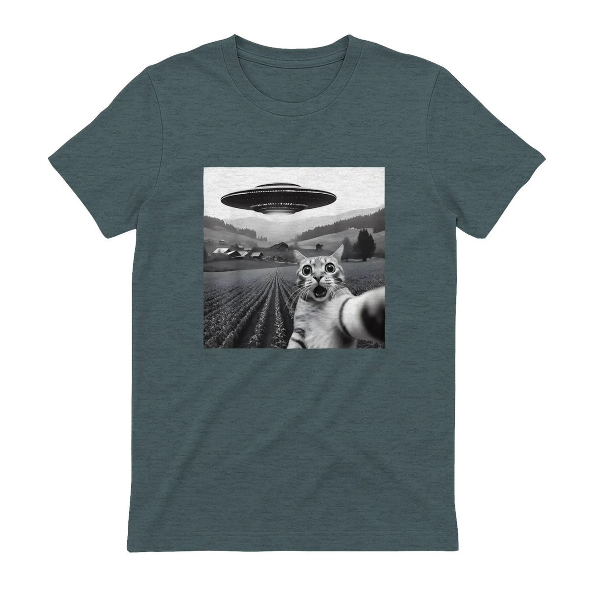 Cat Selfie With Alien UFO Funny Cat Gifts For Men Women Kid T-Shirt in Dark Heather - back view