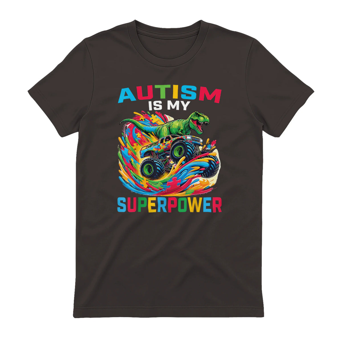 Autism is My Superpower Dino T Rex Monster Truck Kids Boys in Dark Chocolate - back view