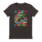 Autism is My Superpower Dino T Rex Monster Truck Kids Boys in Dark Chocolate - back view