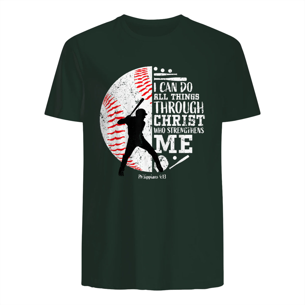 Philippians Four Thirteen Baseball Player Graphic with Bible Verse T-Shirt in Forest Green - back view