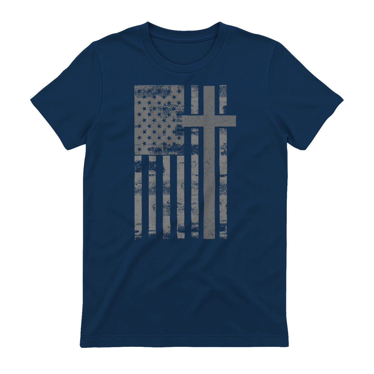 (Art) American Flag Christian Faith Cross Patriotic T-Shirt in Navy - back view