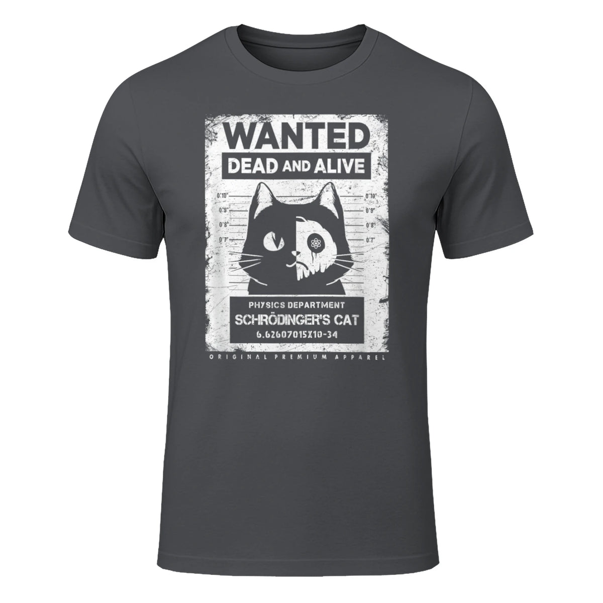 Schrödinger's Cat Wanted Dead And Alive Physics Physicist T-Shirt in Charcoal - front view