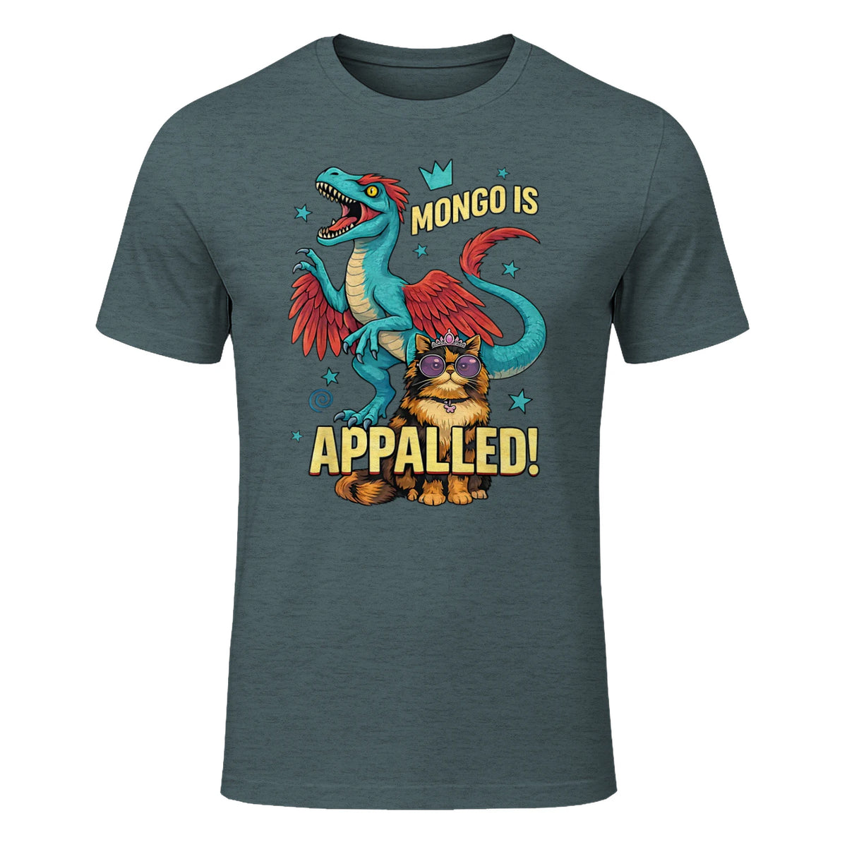 Retro Mongo is Appalled Princess Cat Riding Dinosaur Womens T-Shirt in Dark Heather - front view