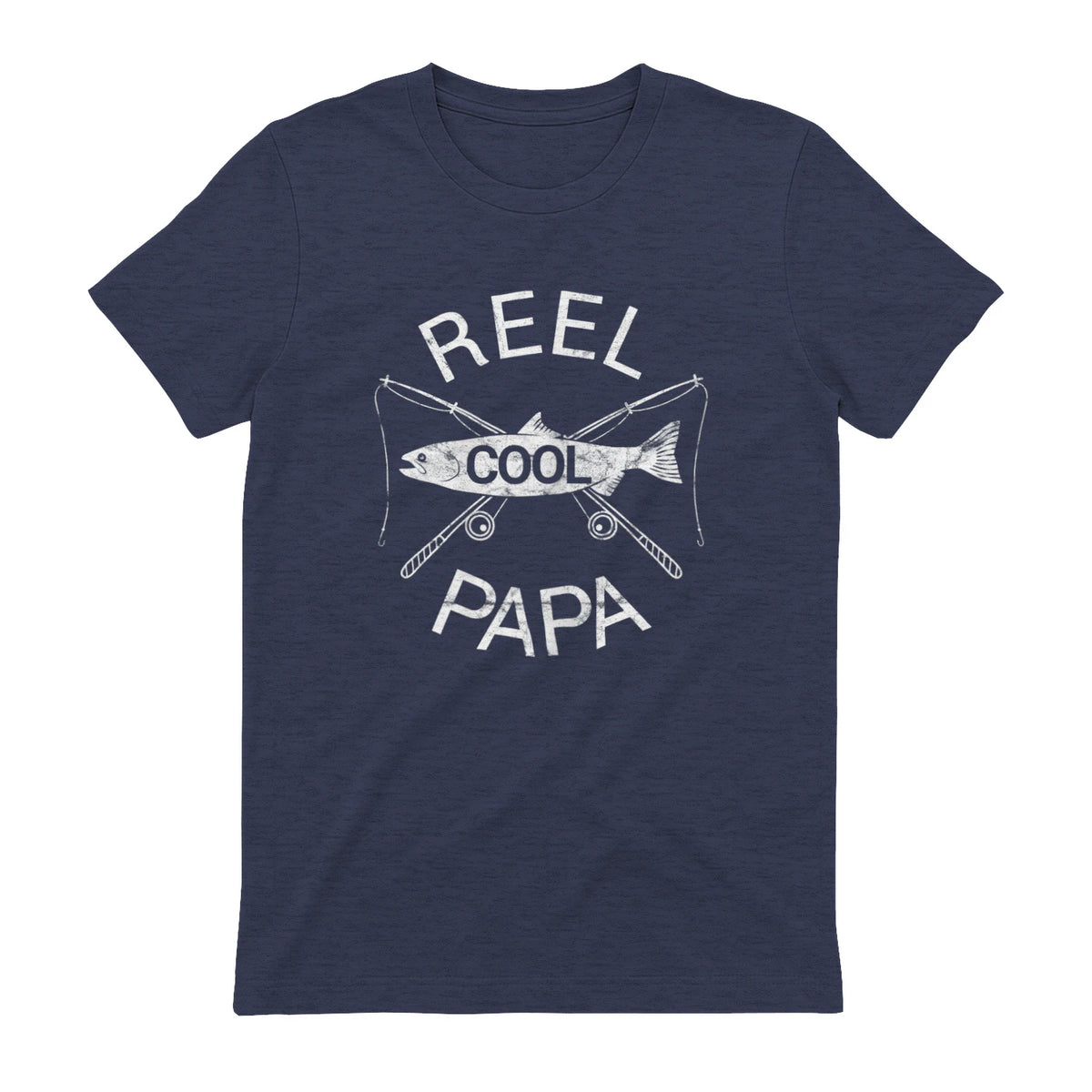 Funny Fishing Reel Cool Papa Dad Joke T-Shirt in Heather Navy - back view
