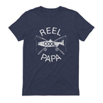 Funny Fishing Reel Cool Papa Dad Joke T-Shirt in Heather Navy - back view